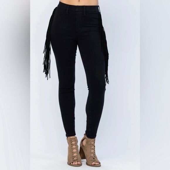 Judy Blue Fringe High Rise Pull On Skinny Jeans - Picture 1 of 9